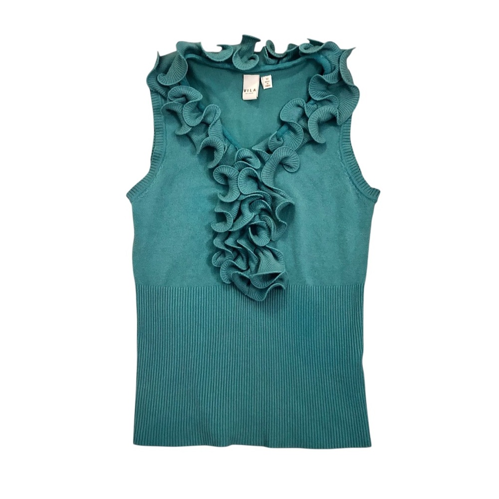 Teal Vila Sleeveless Knit Sweater with Ruffle Front Size S/M